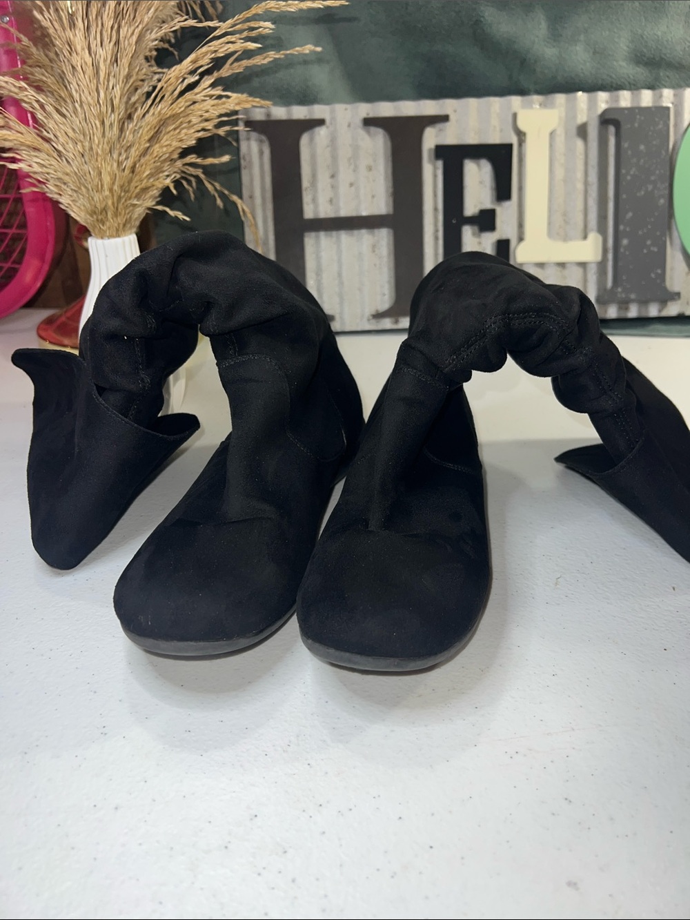 Hot Cakes "Saturn" Black Faux Suede Slouch Boots.